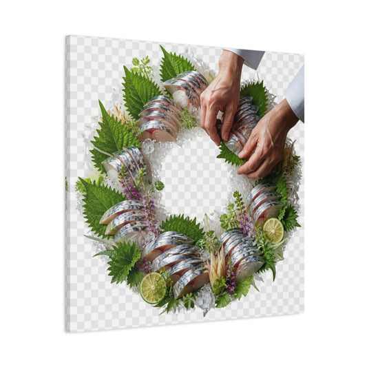 Main Mockup. Japanese Mackerel Sashimi Wreath shown as canvas print