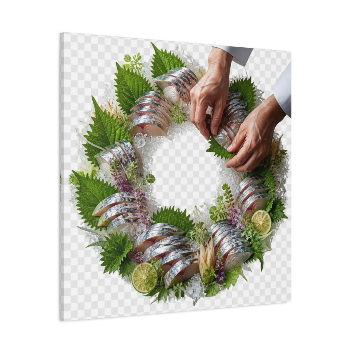 Side Mockup 1. Japanese Mackerel Sashimi Wreath shown as canvas print