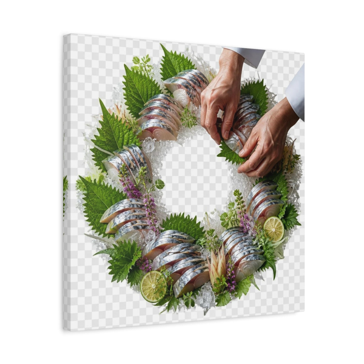 Side Mockup 5. Japanese Mackerel Sashimi Wreath shown as canvas print