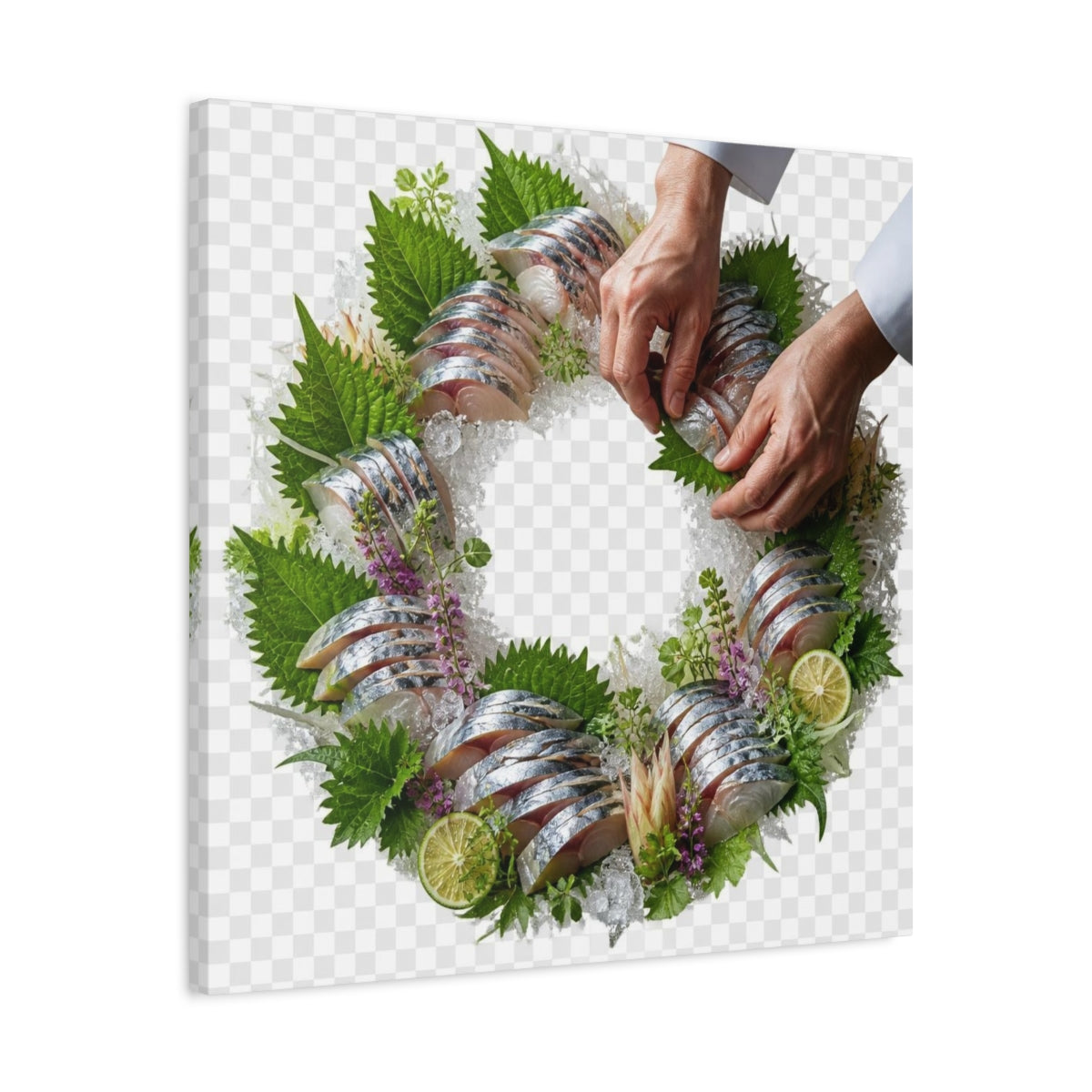 Side Mockup 4. Japanese Mackerel Sashimi Wreath shown as canvas print