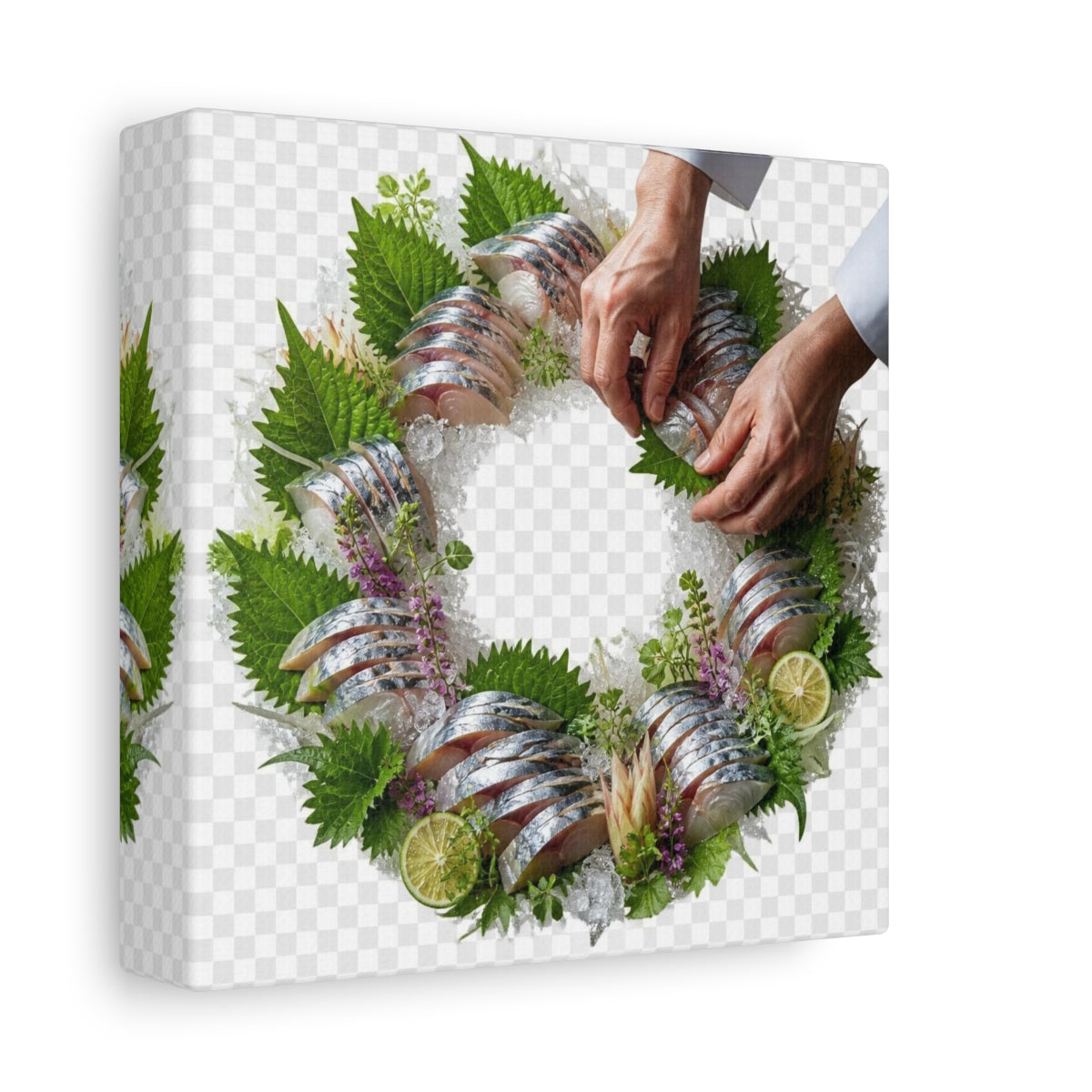 Side Mockup 2. Japanese Mackerel Sashimi Wreath shown as canvas print