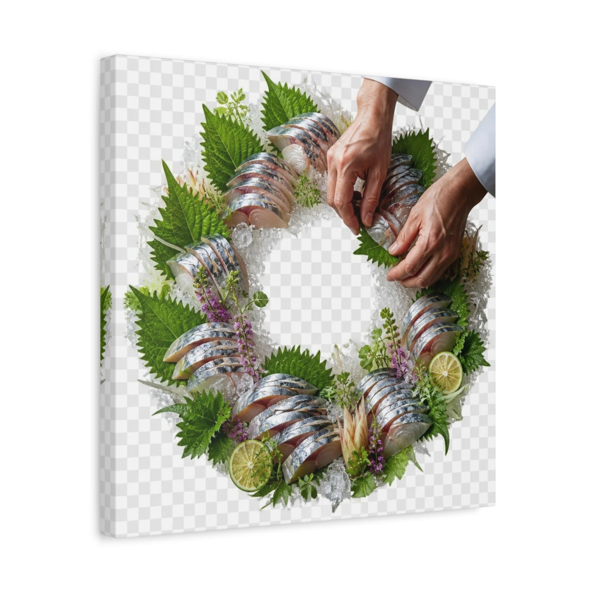Side Mockup 6. Japanese Mackerel Sashimi Wreath shown as canvas print