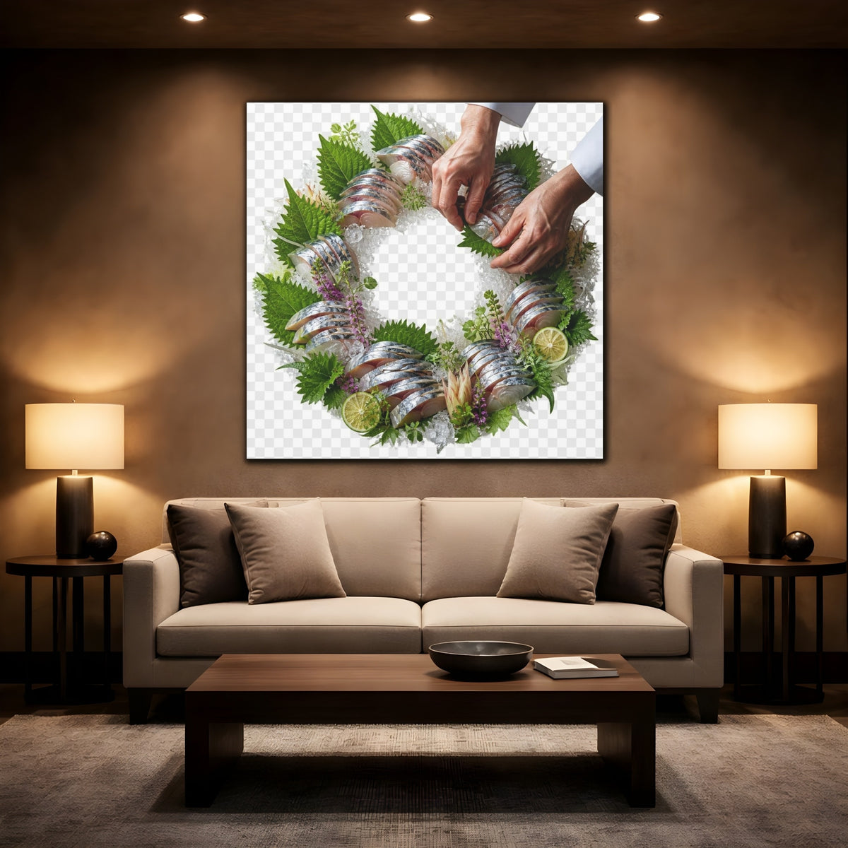 Mockup 2. Japanese Mackerel Sashimi Wreath shown as canvas print