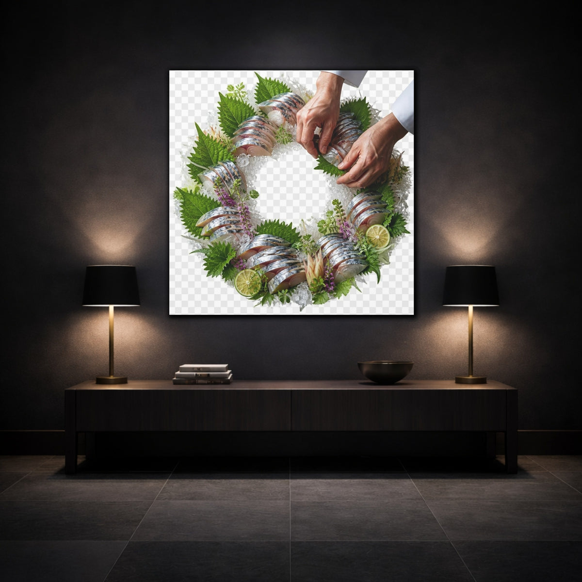 Mockup 3. Japanese Mackerel Sashimi Wreath shown as canvas print