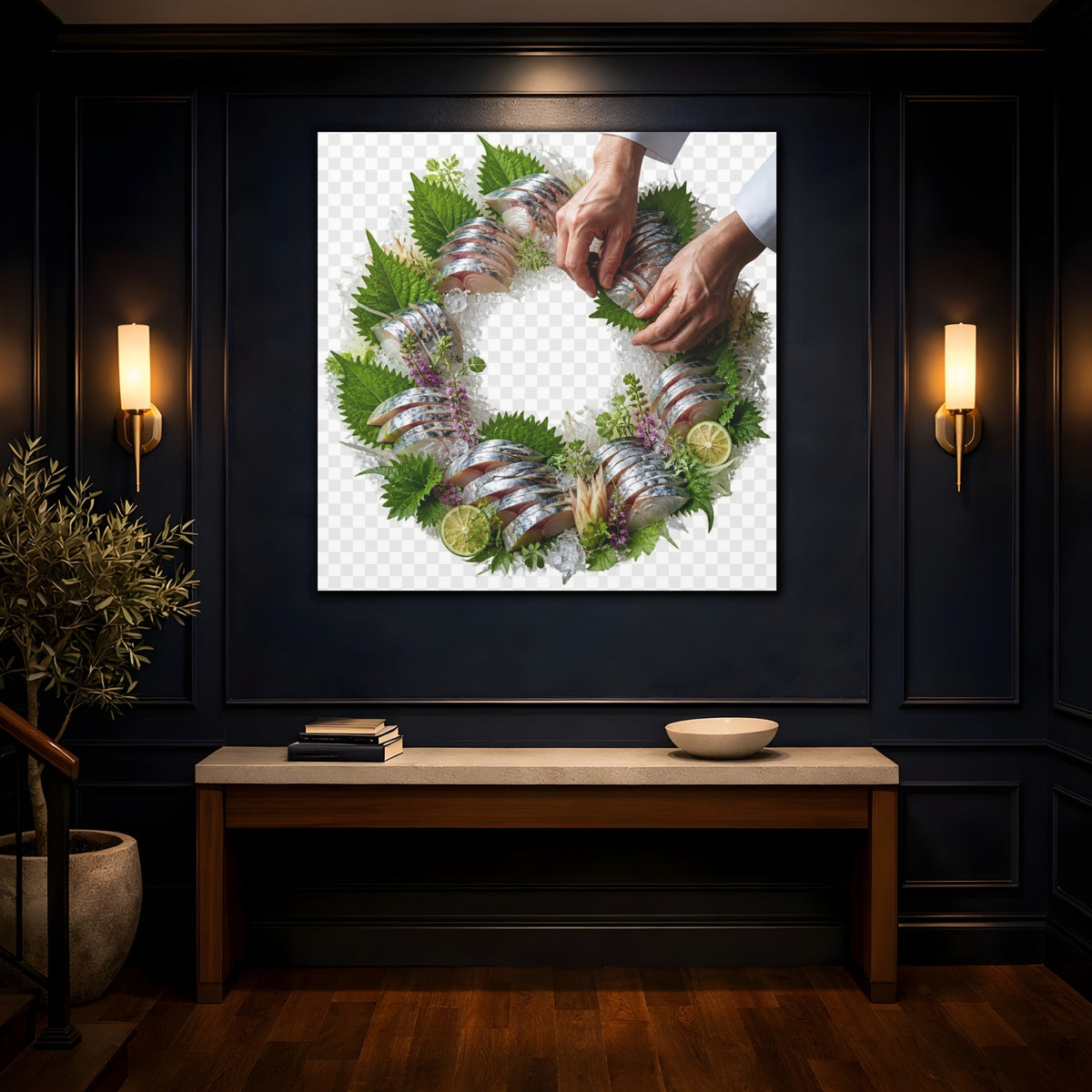 Mockup 4. Japanese Mackerel Sashimi Wreath shown as canvas print