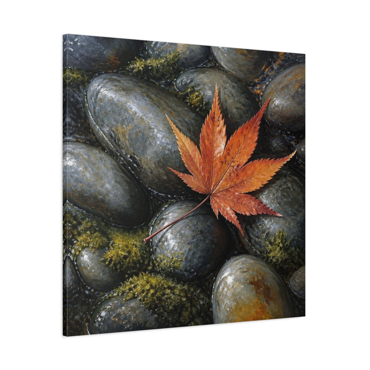 Side Mockup 1. Japanese Maple Leaf On Stones shown as canvas print