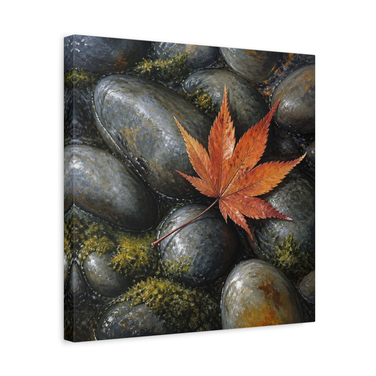 Side Mockup 6. Japanese Maple Leaf On Stones shown as canvas print