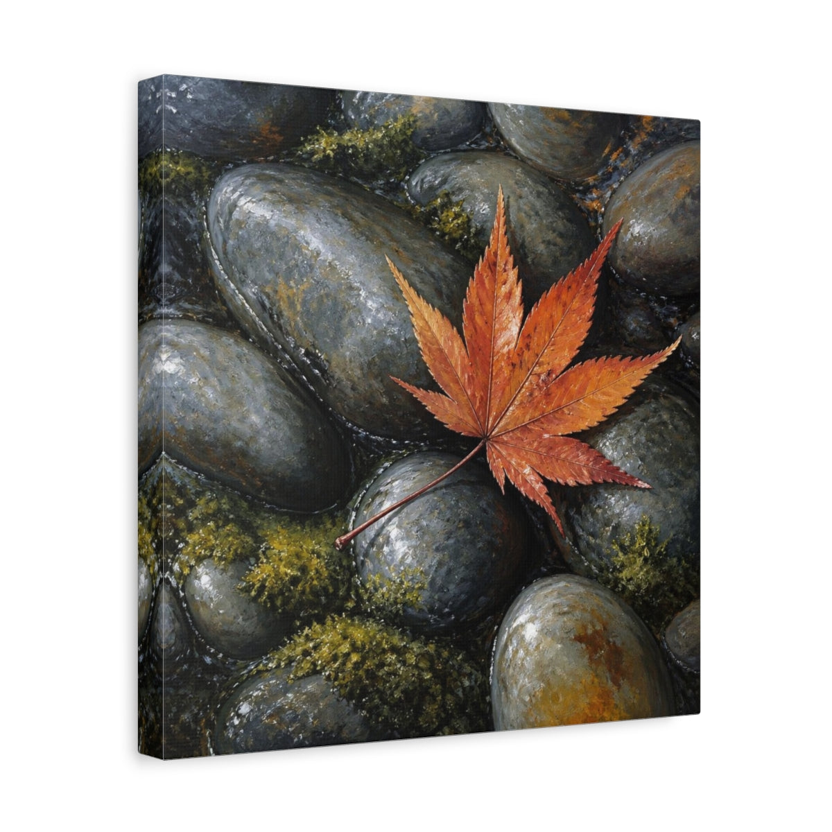 Side Mockup 7. Japanese Maple Leaf On Stones shown as canvas print