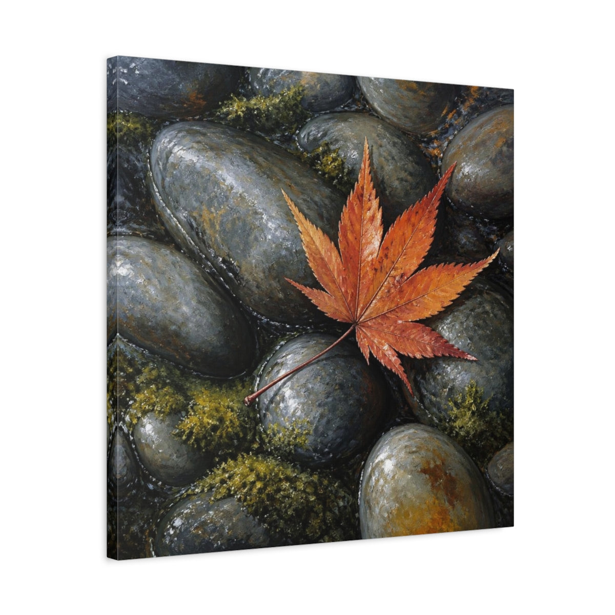Side Mockup 4. Japanese Maple Leaf On Stones shown as canvas print
