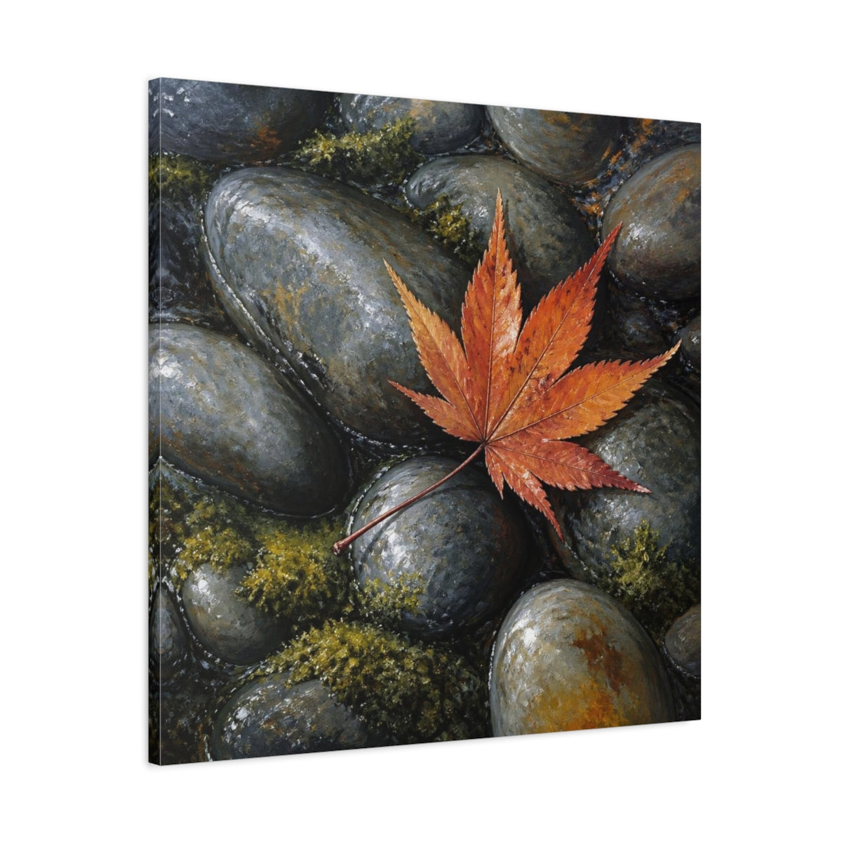 Side Mockup 3. Japanese Maple Leaf On Stones shown as canvas print