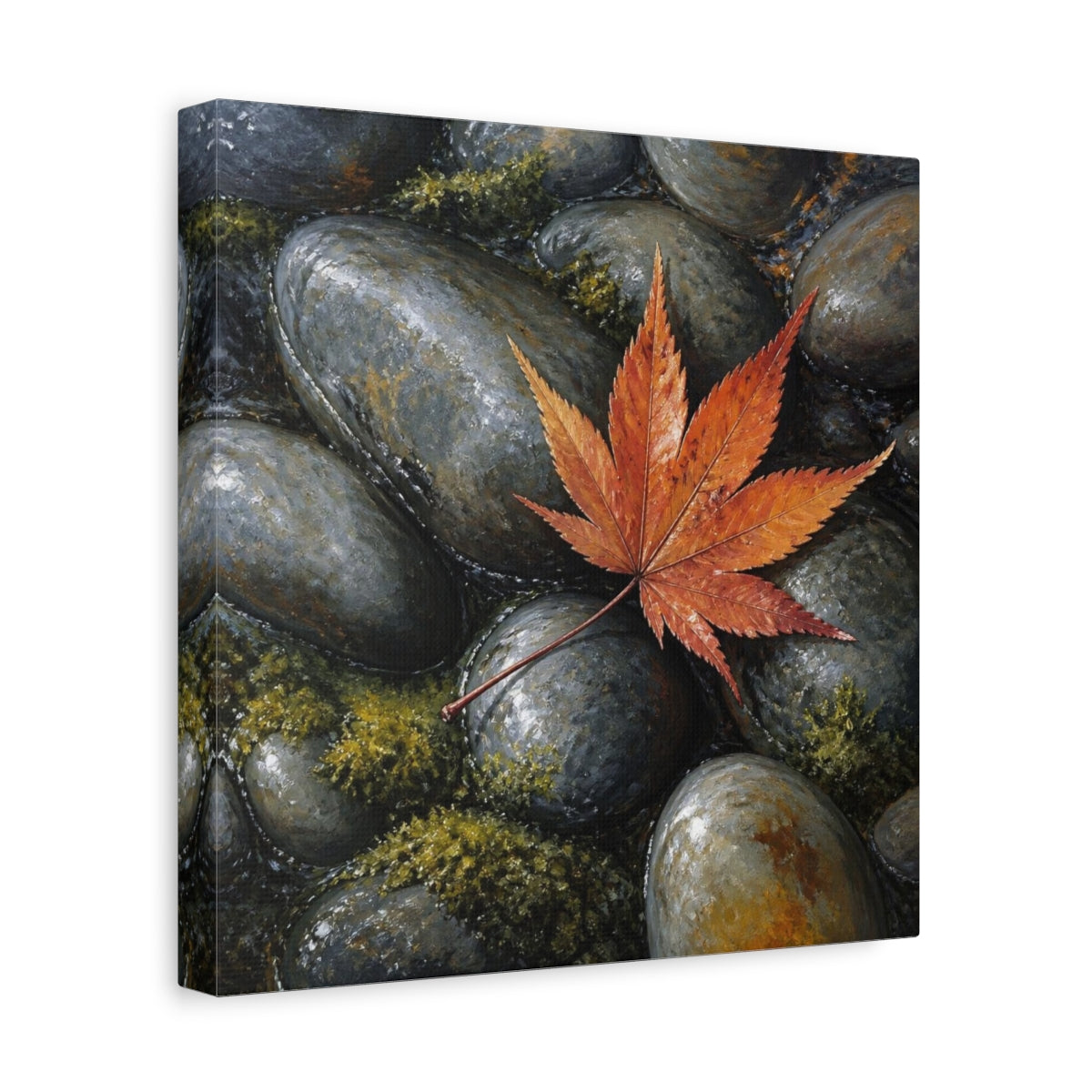 Side Mockup 8. Japanese Maple Leaf On Stones shown as canvas print