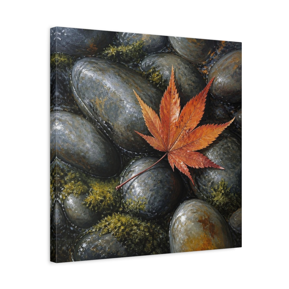 Side Mockup 5. Japanese Maple Leaf On Stones shown as canvas print