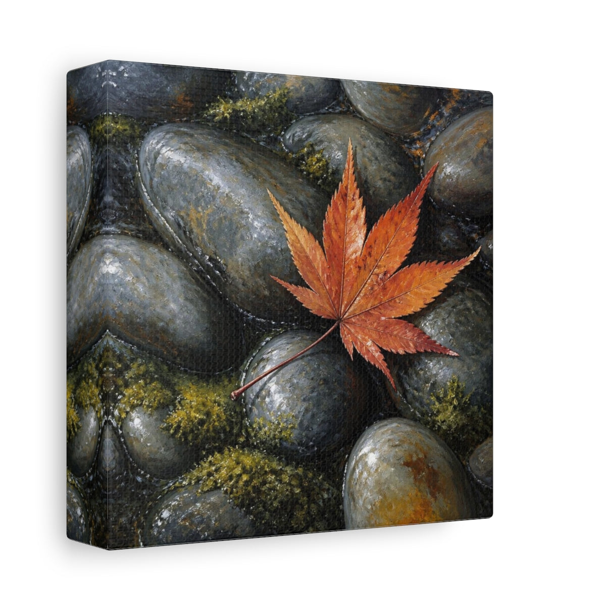 Side Mockup 2. Japanese Maple Leaf On Stones shown as canvas print
