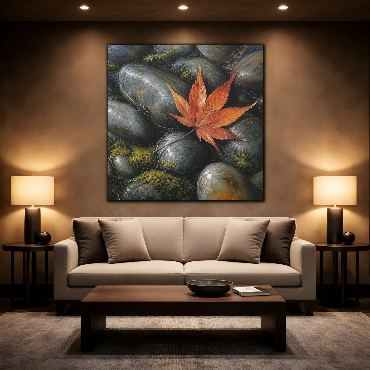 Mockup 2. Japanese Maple Leaf On Stones shown as canvas print