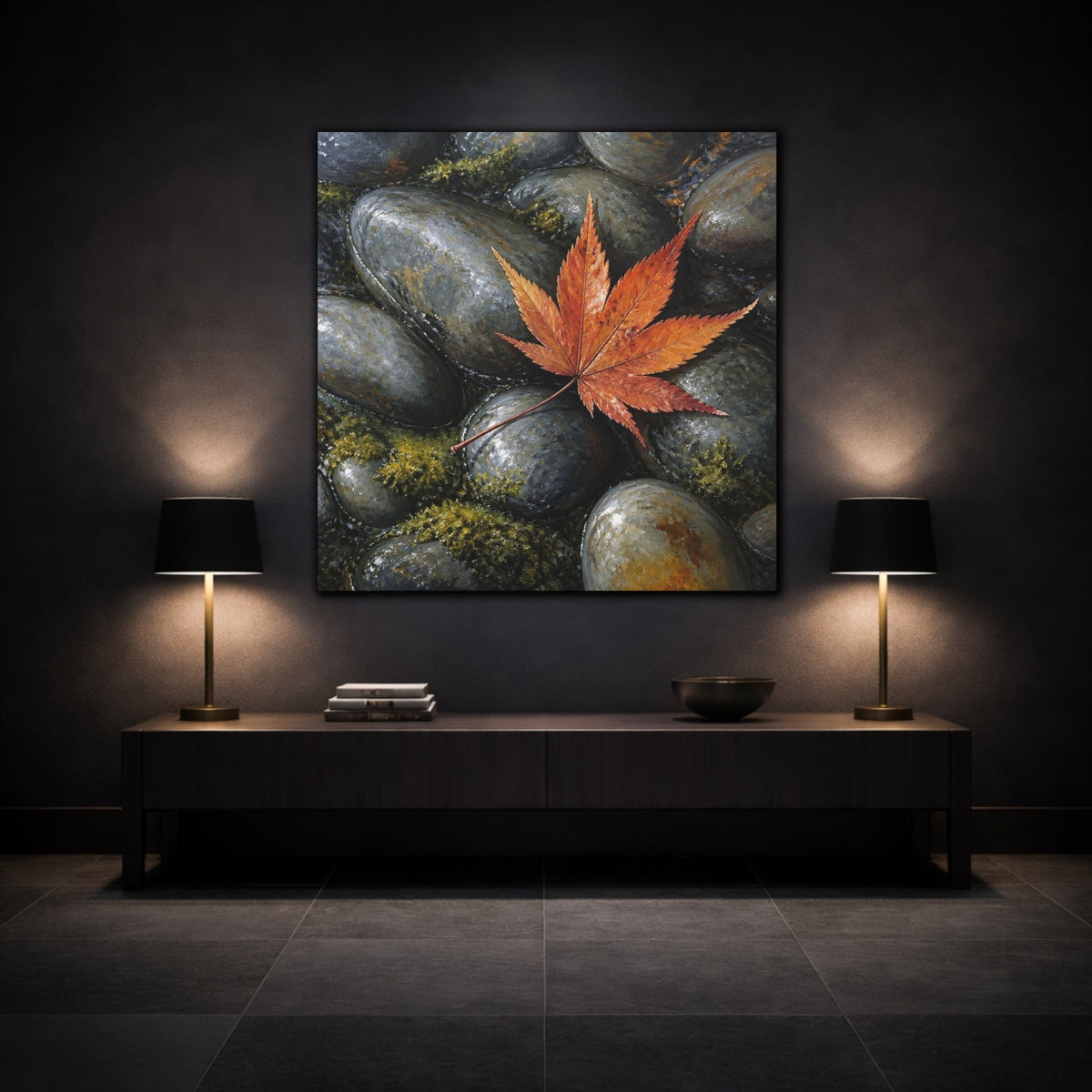 Mockup 3. Japanese Maple Leaf On Stones shown as canvas print