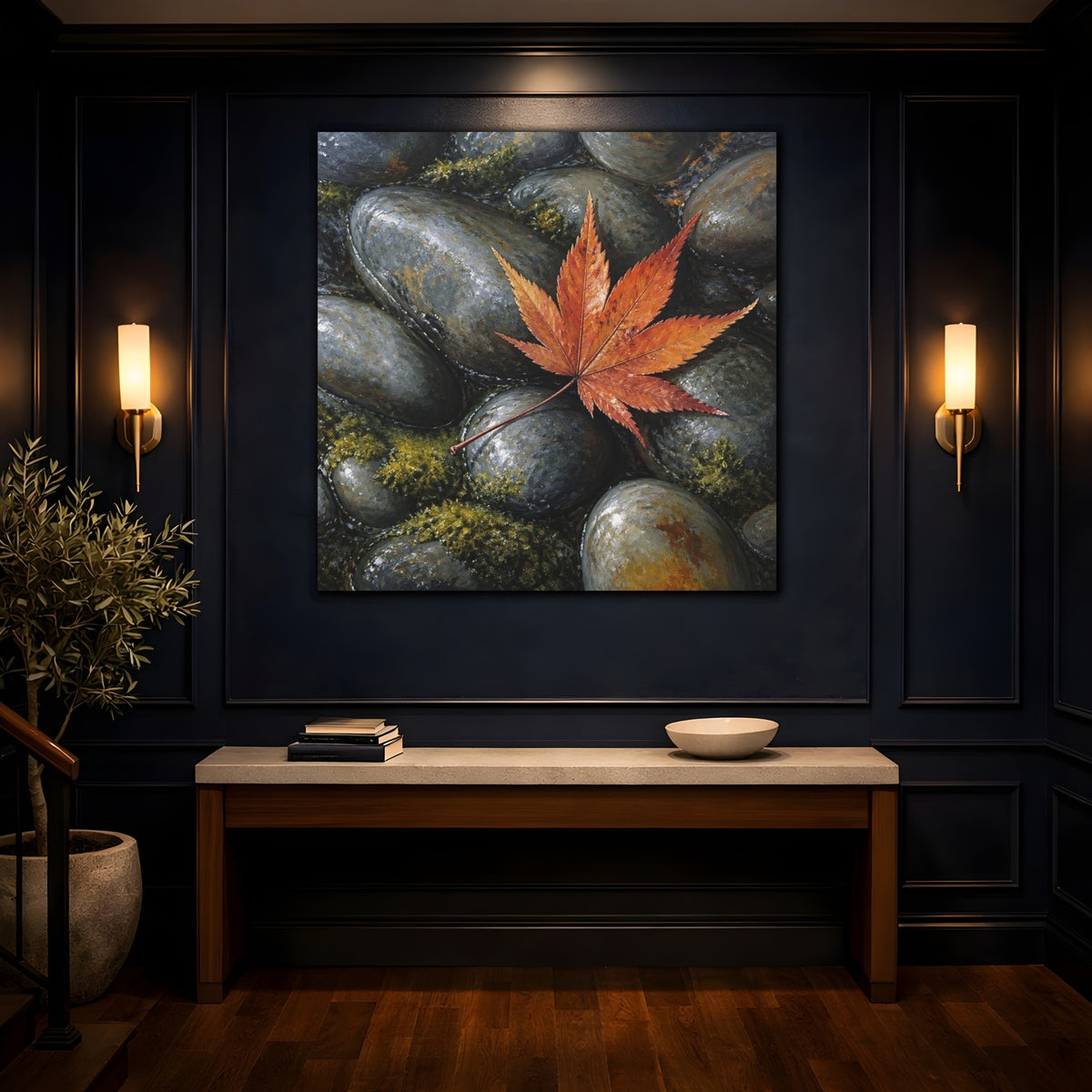 Mockup 4. Japanese Maple Leaf On Stones shown as canvas print