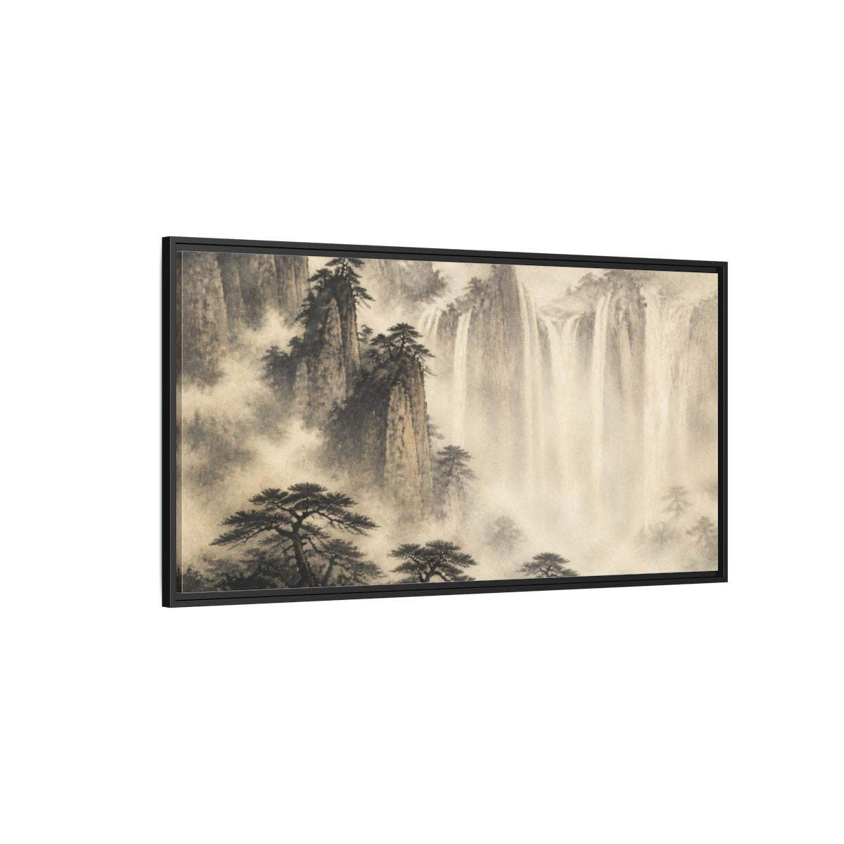 Side Mockup 5. Japanese Misty Waterfall shown as framed canvas print