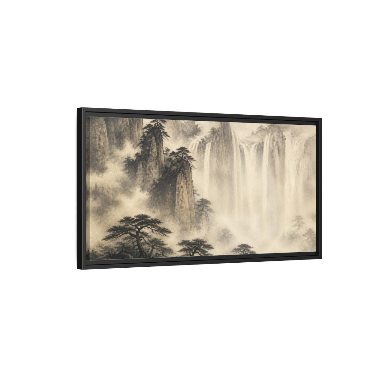 Side Mockup 2. Japanese Misty Waterfall shown as framed canvas print