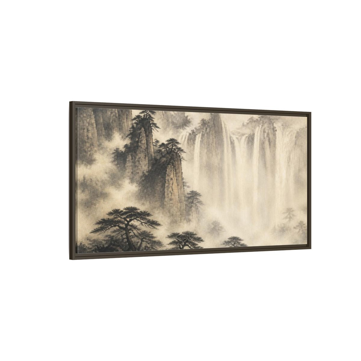 Side Mockup 4. Japanese Misty Waterfall shown as framed canvas print