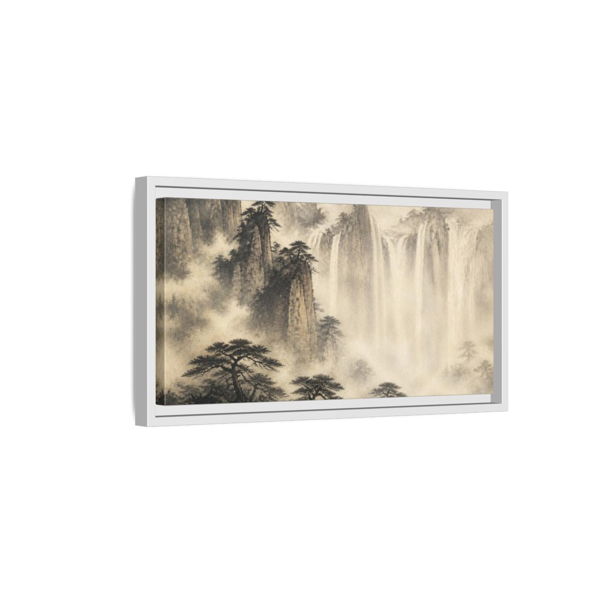 Side Mockup 6. Japanese Misty Waterfall shown as framed canvas print