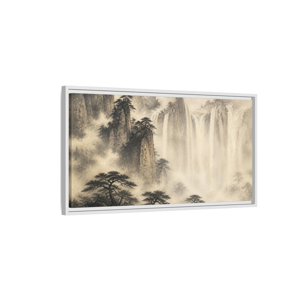 Side Mockup 1. Japanese Misty Waterfall shown as framed canvas print