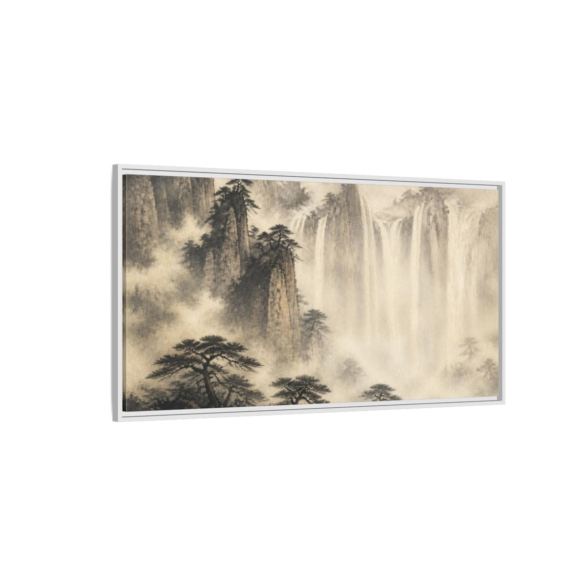 Side Mockup 3. Japanese Misty Waterfall shown as framed canvas print