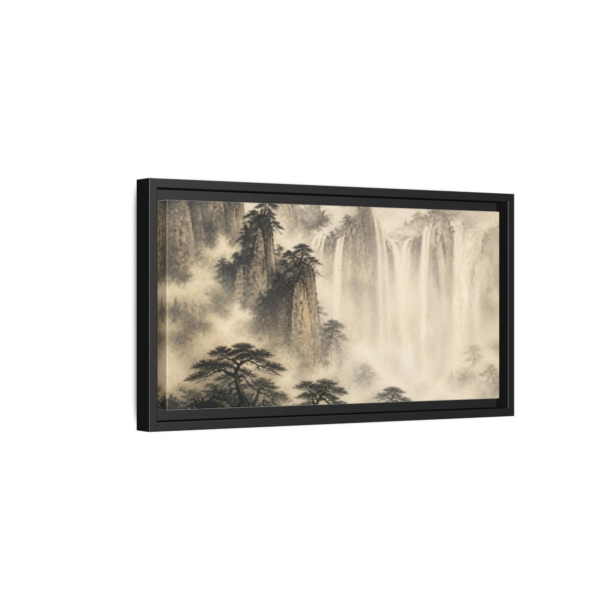 Side Mockup 8. Japanese Misty Waterfall shown as framed canvas print