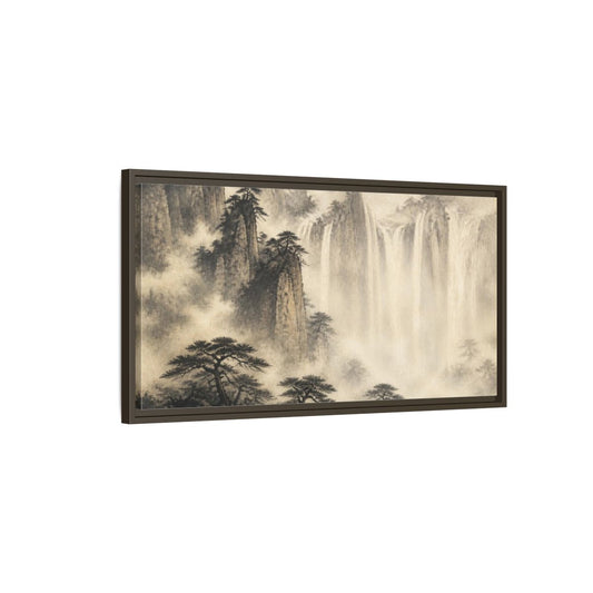 Main Mockup. Japanese Misty Waterfall shown as framed canvas print