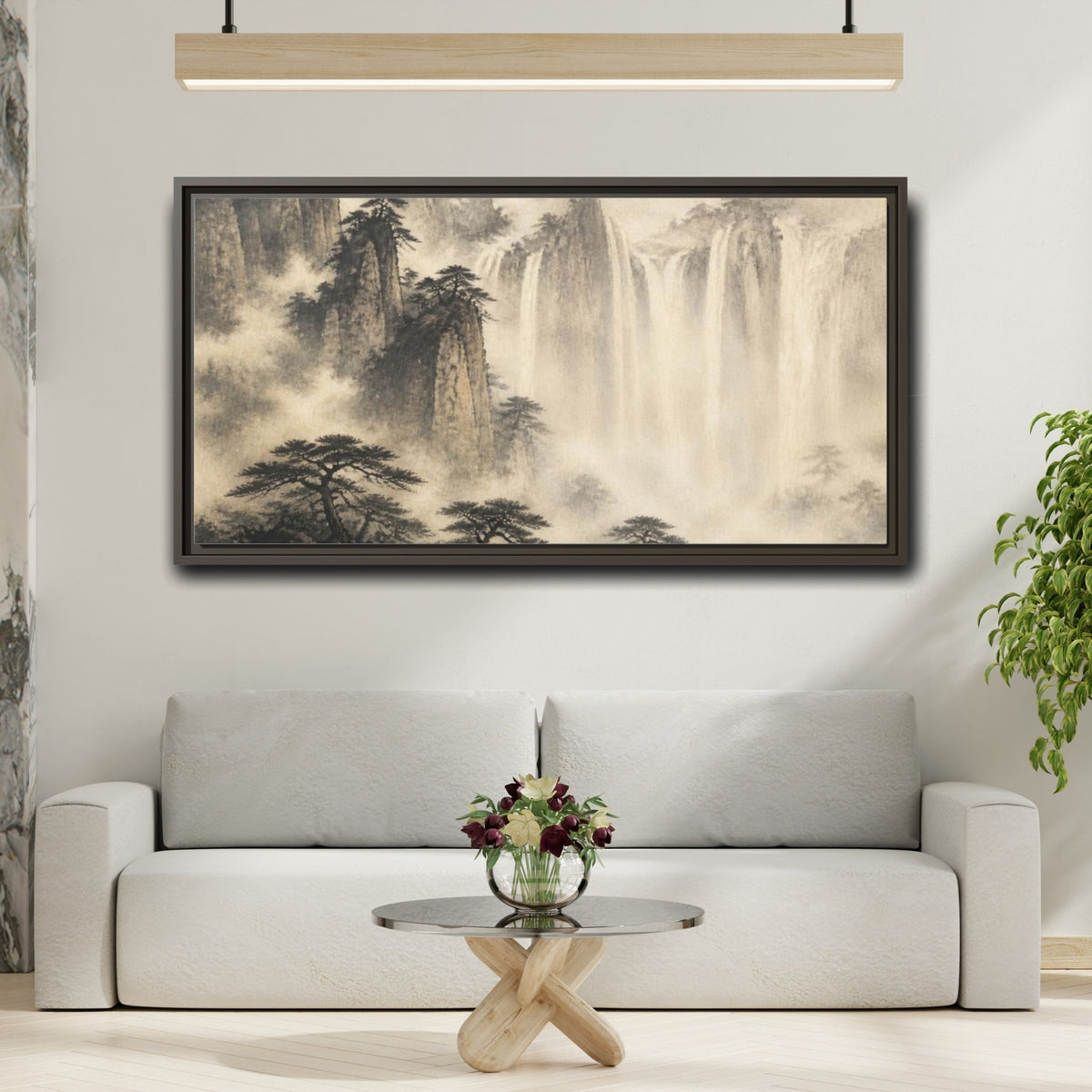 Mockup 2. Japanese Misty Waterfall shown as framed canvas print