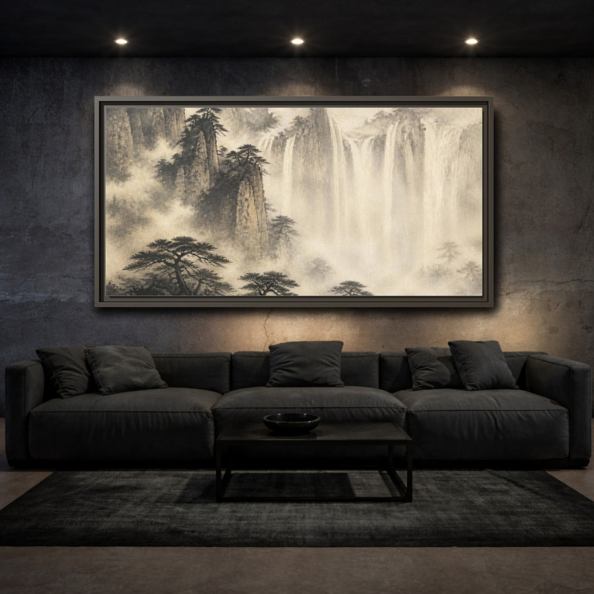 Mockup 3. Japanese Misty Waterfall shown as framed canvas print
