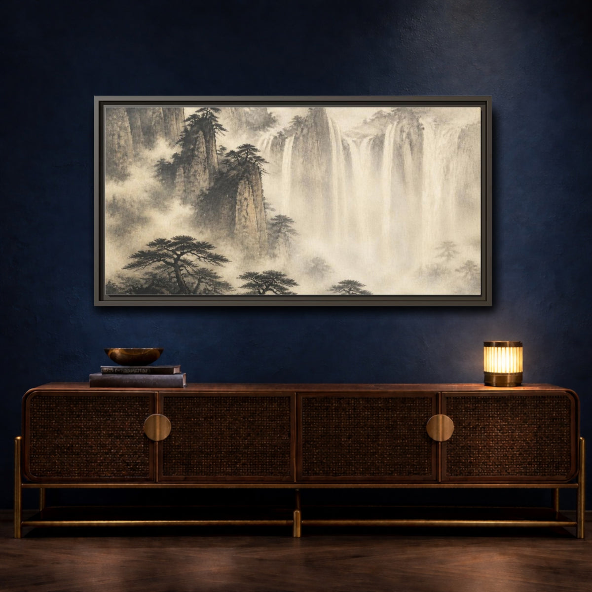 Mockup 4. Japanese Misty Waterfall shown as framed canvas print