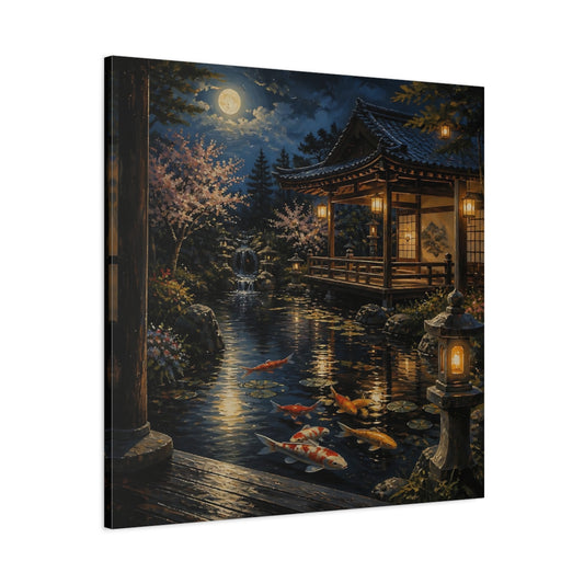 Main Mockup. Japanese Moonlit Koi Pond shown as canvas print