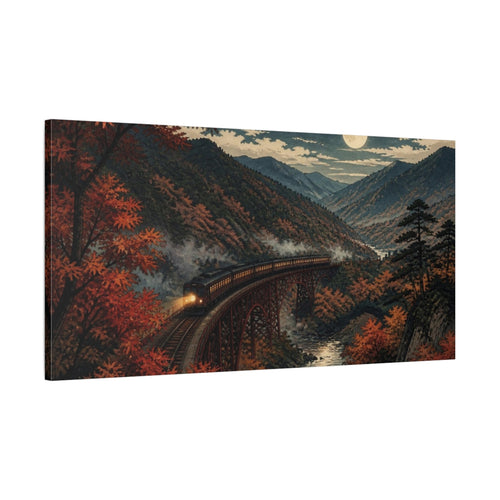 Main Mockup. Japanese Moonlit Mountain Train shown as canvas print
