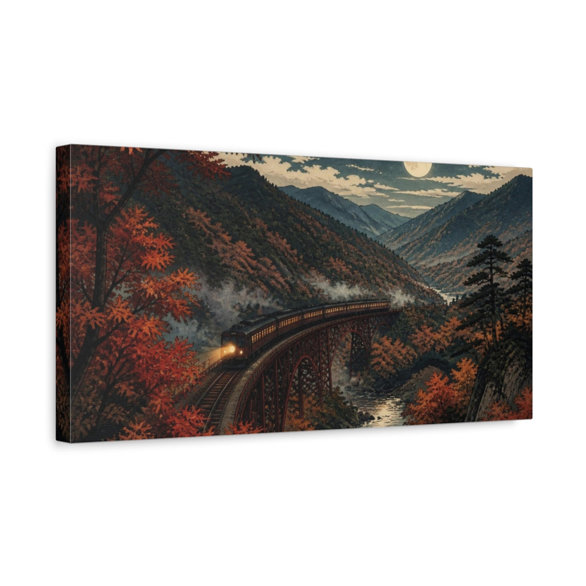 Side Mockup 3. Japanese Moonlit Mountain Train shown as canvas print