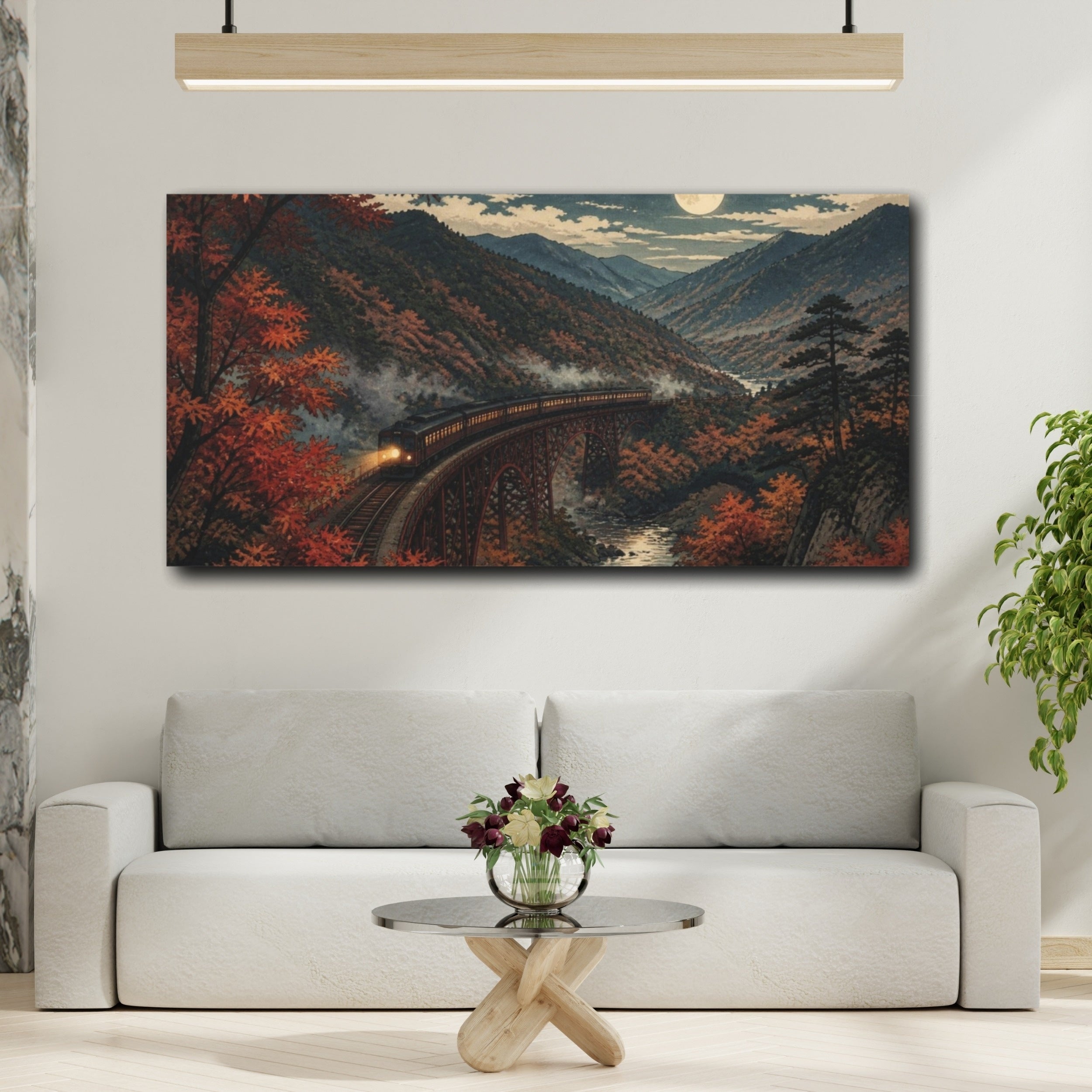 Mockup 2. Japanese Moonlit Mountain Train shown as canvas print