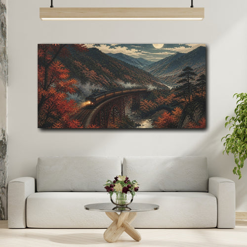 Mockup 2. Japanese Moonlit Mountain Train shown as canvas print