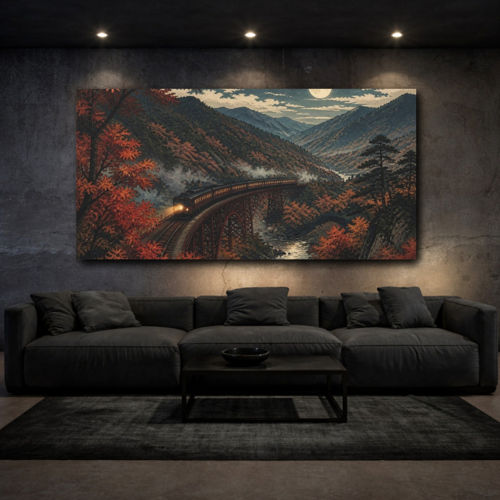 Mockup 3. Japanese Moonlit Mountain Train shown as canvas print