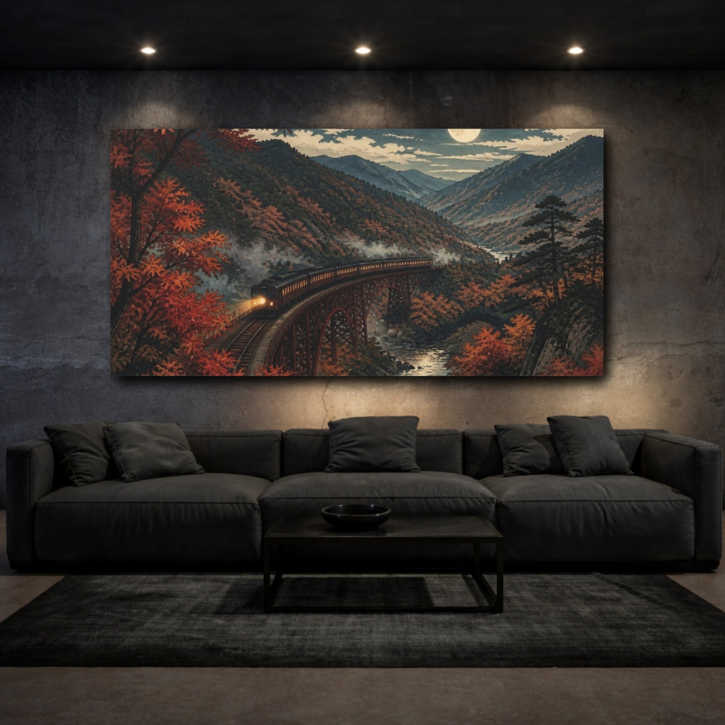 Mockup 3. Japanese Moonlit Mountain Train shown as canvas print
