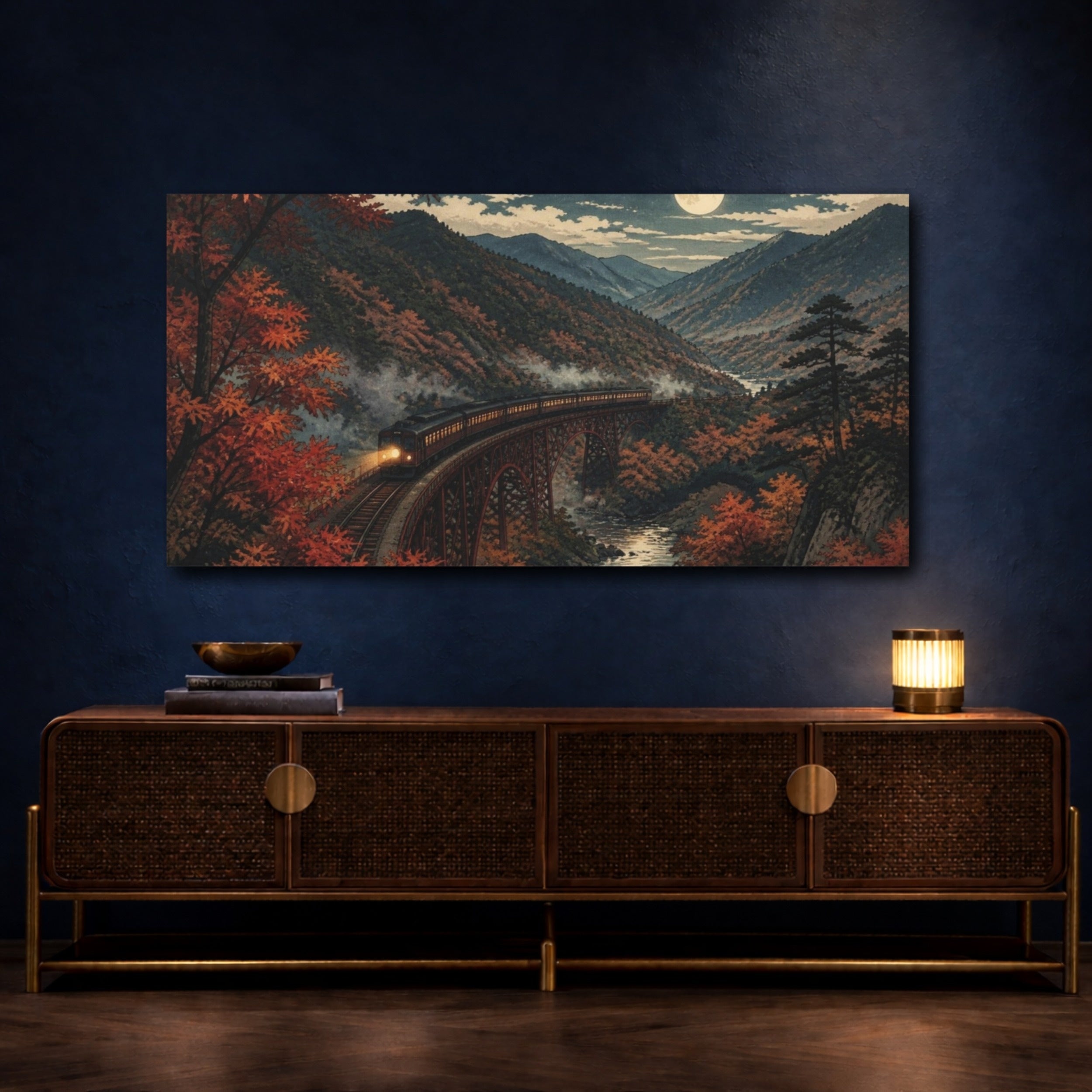 Mockup 4. Japanese Moonlit Mountain Train shown as canvas print