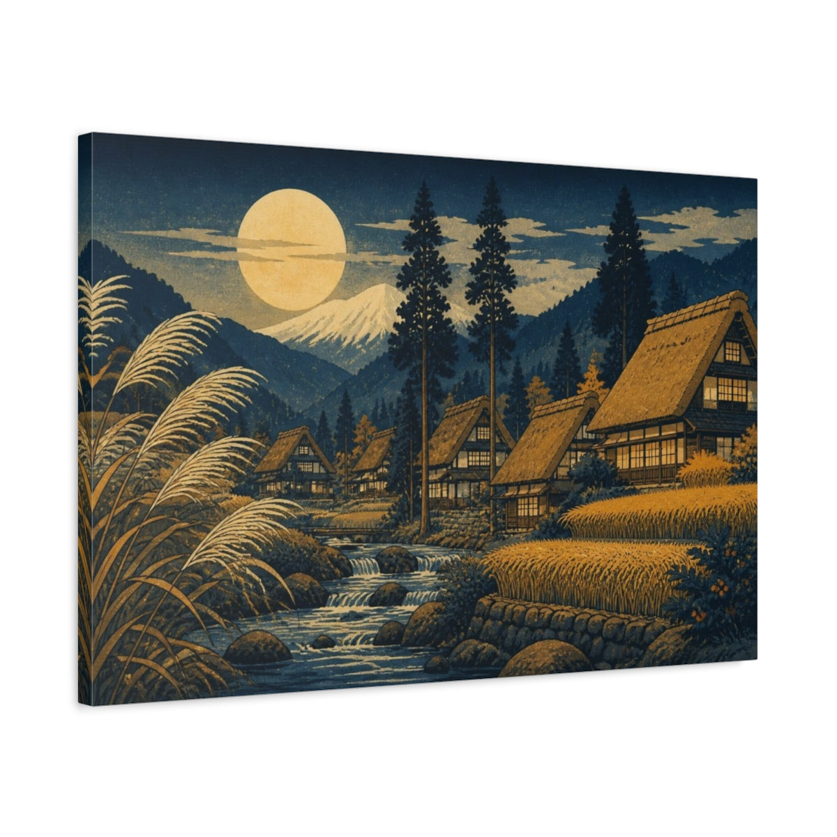 Side Mockup 2. Japanese Moonlit Mountain Village shown as canvas print