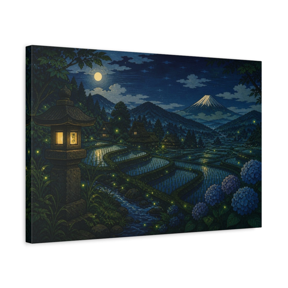 Side Mockup 3. Japanese Moonlit Rice Terraces shown as canvas print
