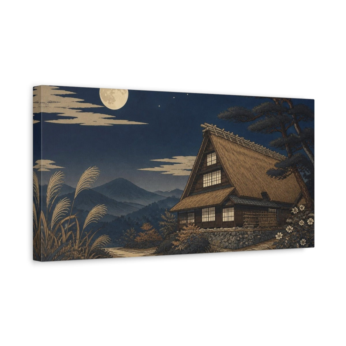 Side Mockup 3. Japanese Moonlit Thatched Farmhouse shown as canvas print