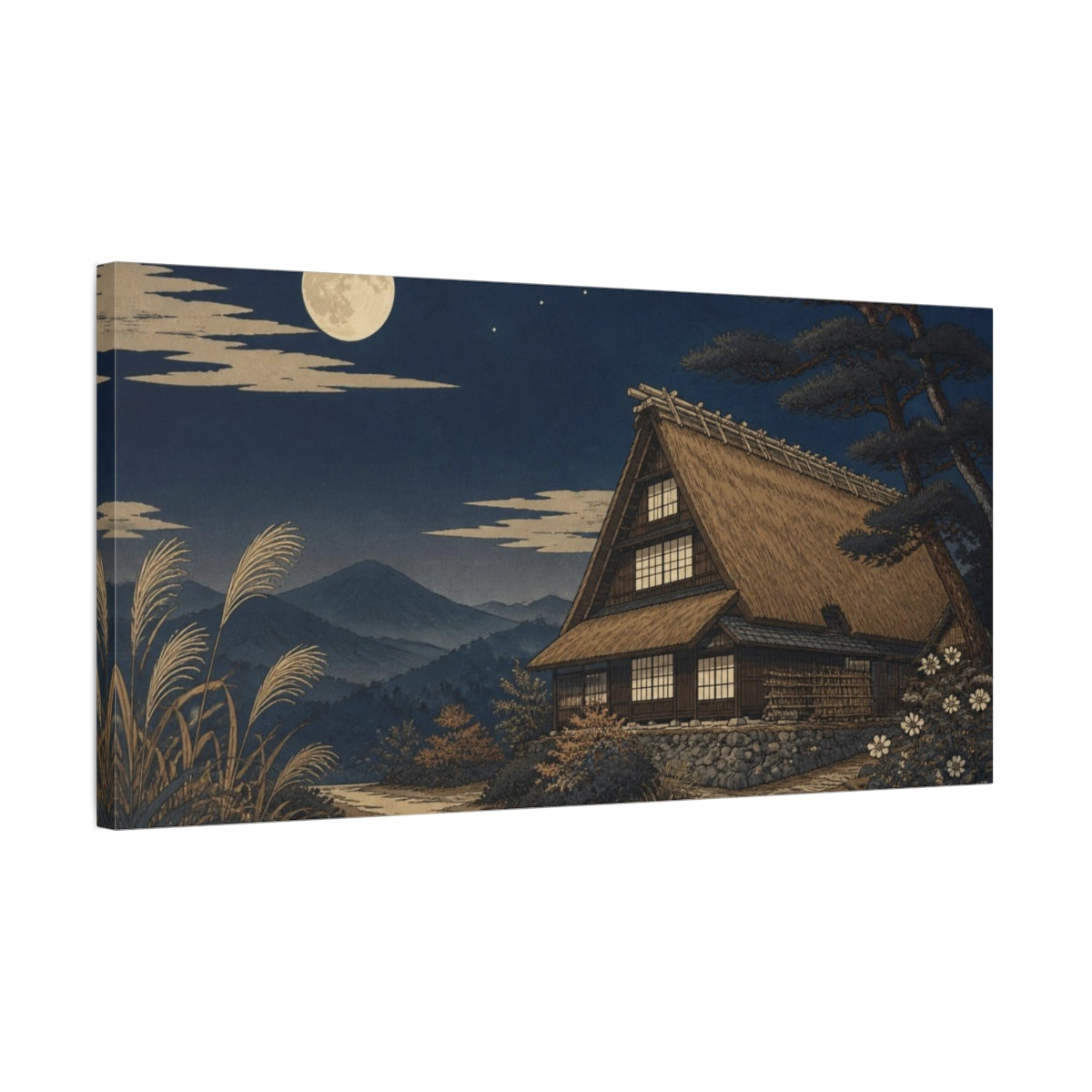 Side Mockup 1. Japanese Moonlit Thatched Farmhouse shown as canvas print