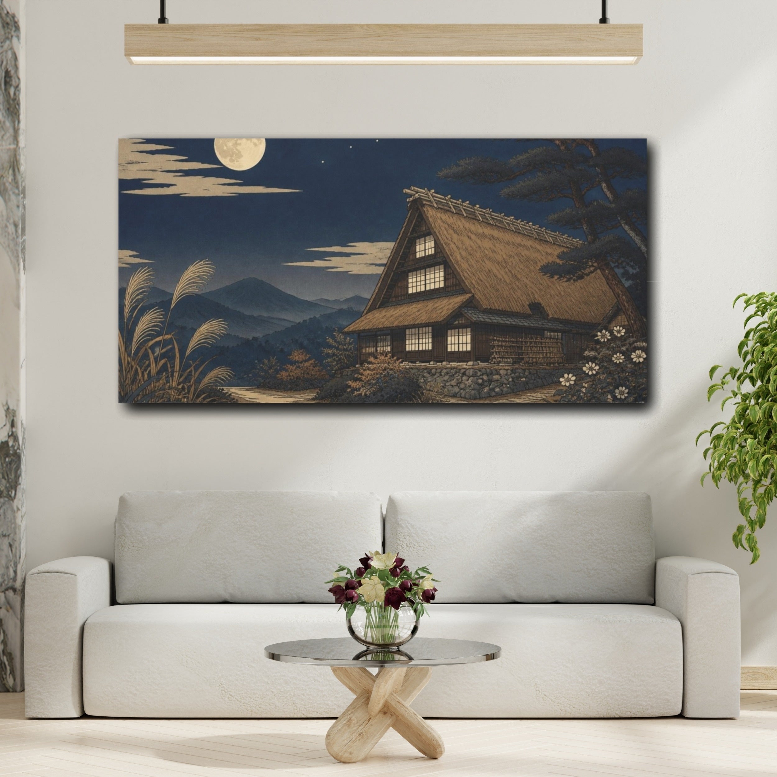 Mockup 2. Japanese Moonlit Thatched Farmhouse shown as canvas print