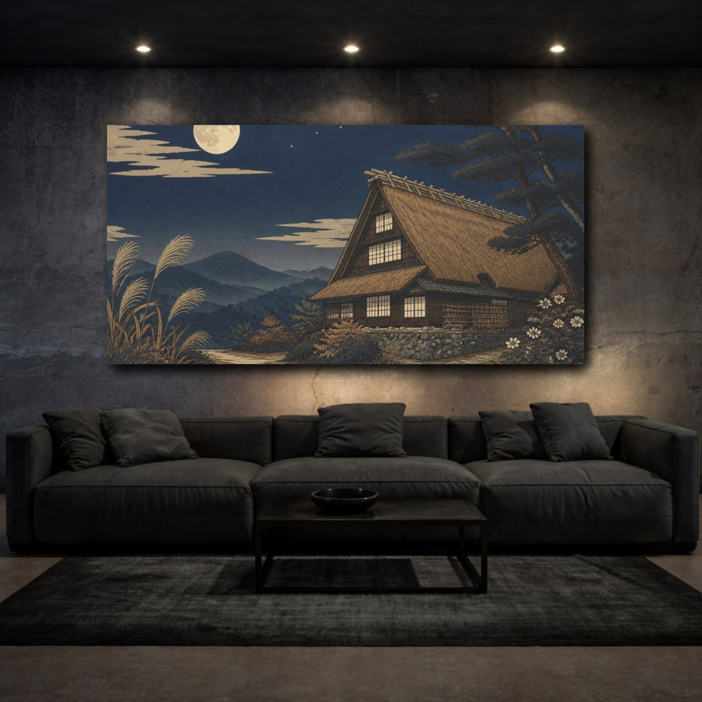 Mockup 3. Japanese Moonlit Thatched Farmhouse shown as canvas print
