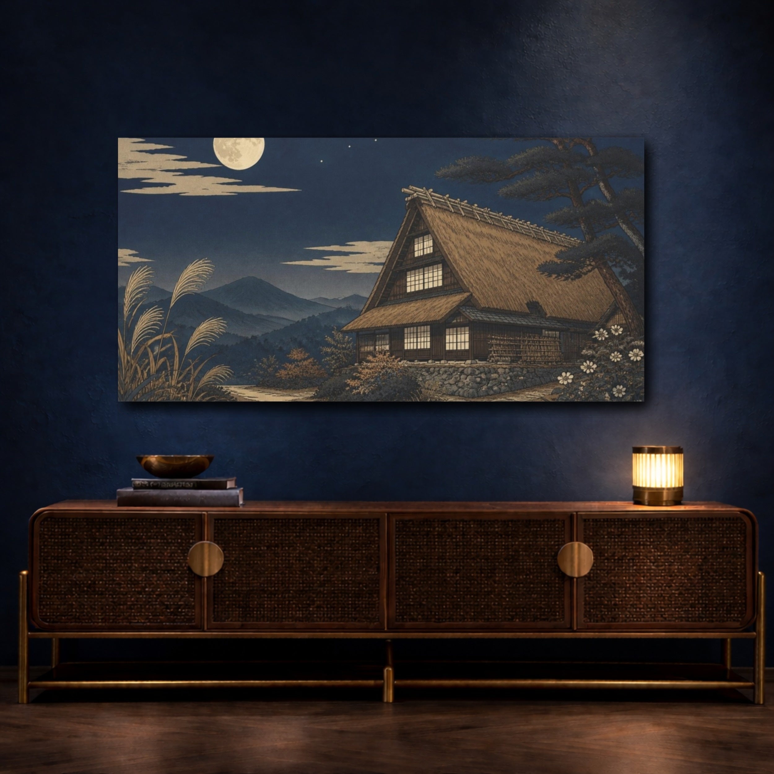 Mockup 4. Japanese Moonlit Thatched Farmhouse shown as canvas print