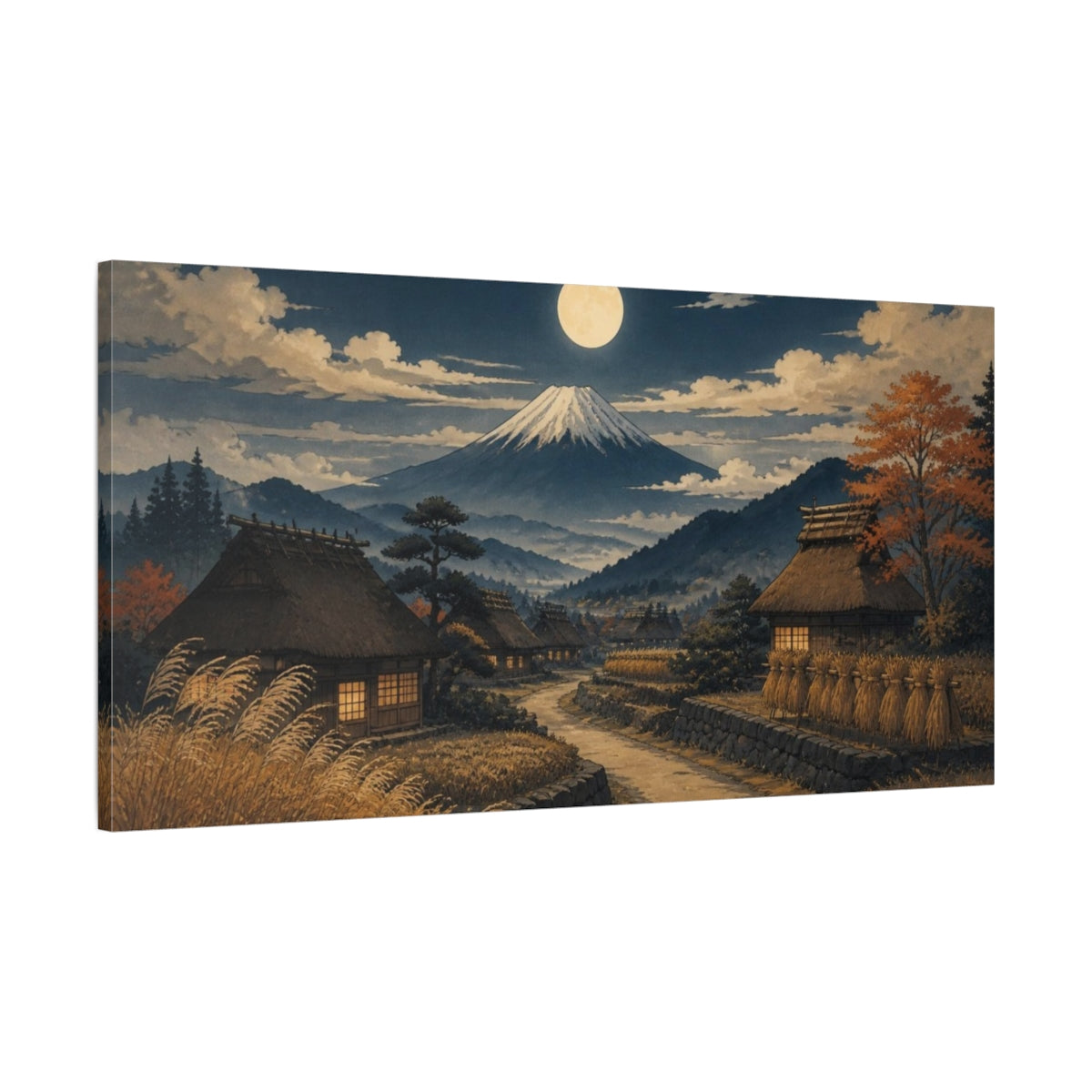 Main Mockup. Japanese Moonlit Village shown as canvas print
