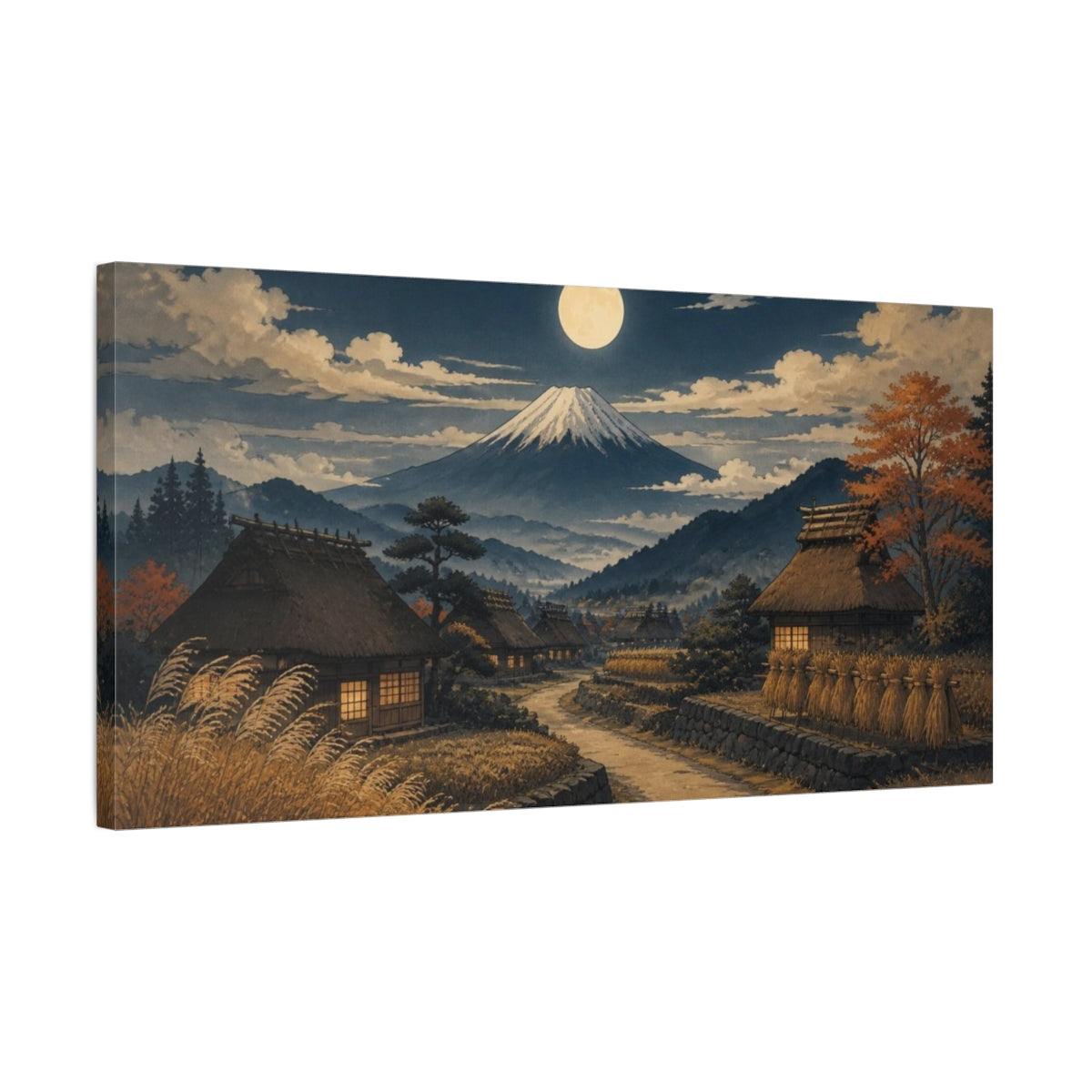 Side Mockup 1. Japanese Moonlit Village shown as canvas print