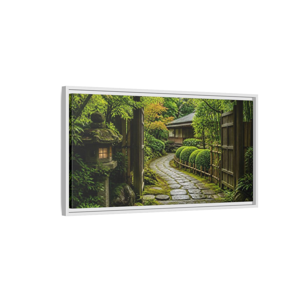 Side Mockup 1. Japanese Mossy Stone Path shown as framed canvas print