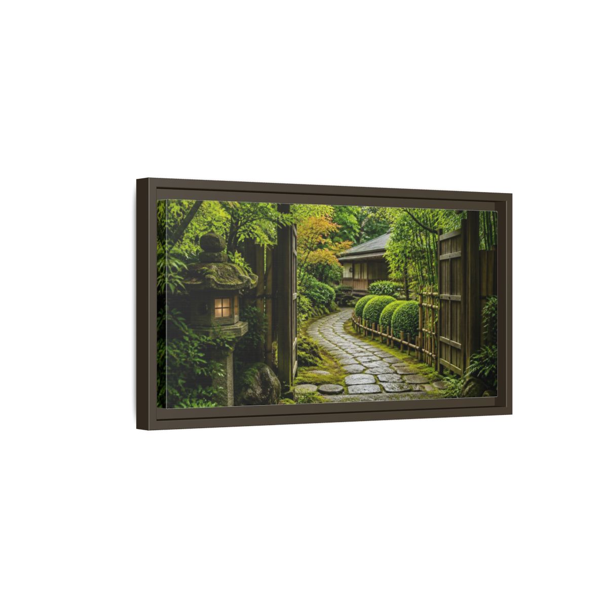 Side Mockup 7. Japanese Mossy Stone Path shown as framed canvas print